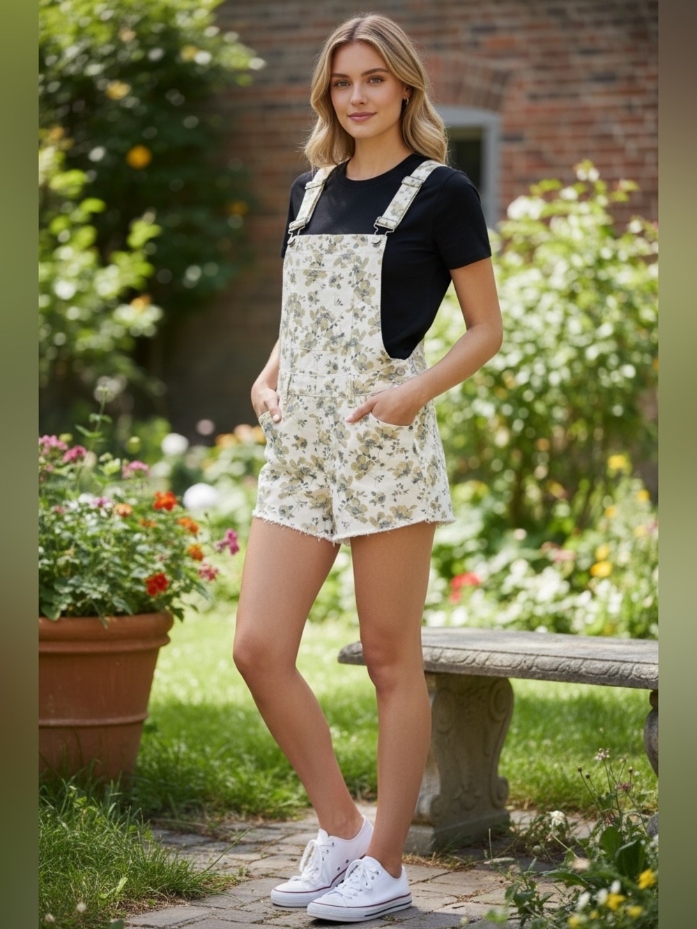 Floral Print Denim Short Overalls - Cream with Blue & Yellow Flowers